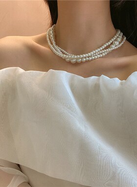 性感辣妹多层设计珍珠文艺复古项链装饰小众气质颈链网.红锁骨链