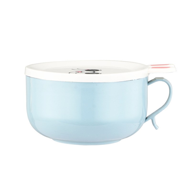 卡通不锈钢碗 双层泡面碗兔子泡面杯H可爱带盖单柄碗学生宿舍饭碗