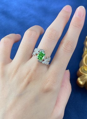 珠宝2d023新款绿钻戒指S925银树叶小清新镶嵌高碳钻小众设计女