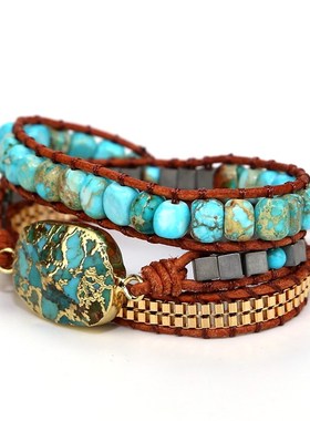 2023欧美外贸 复p古金线松链条手链 男女串珠天然石编织手链