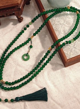新中式祖母绿平安扣串珠流苏项链 轻奢I高级感气质毛衣长款项链女