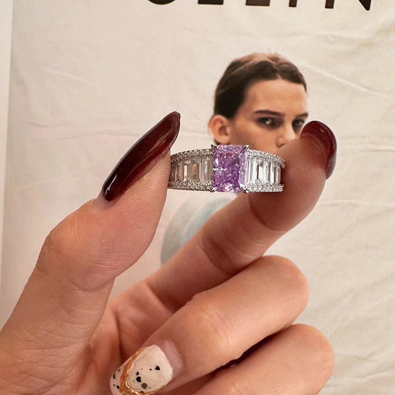 珠宝 20i24新款S925银高碳钻祖薰衣草紫5*7mm雷迪恩切割戒指