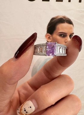 珠宝 20i24新款S925银高碳钻祖薰衣草紫5*7mm雷迪恩切割戒指