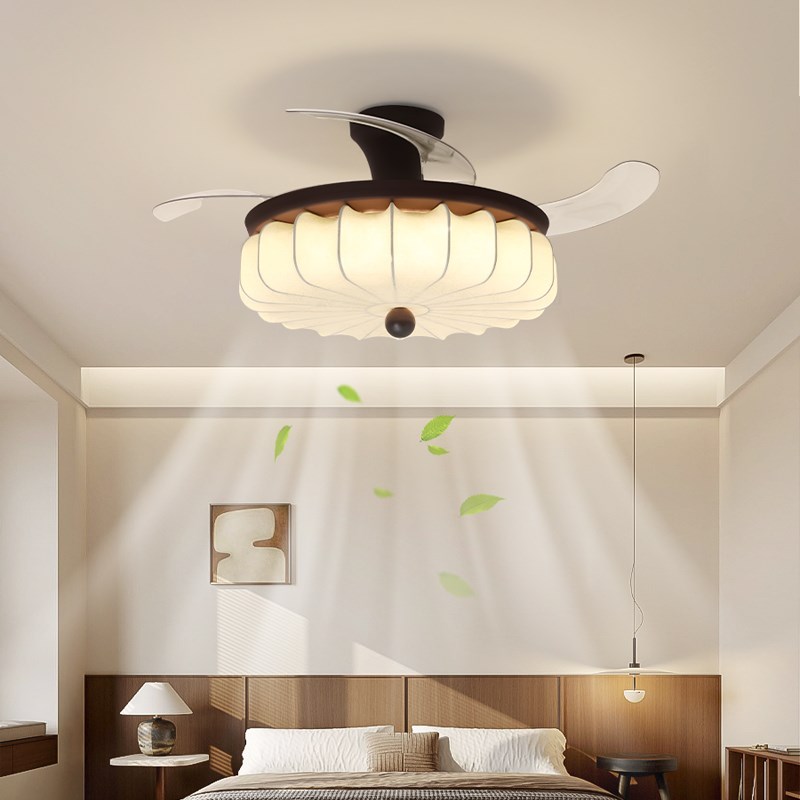 中古风卧室风扇灯宋代p美学法式南瓜印花布艺隐形电扇灯餐厅吊扇