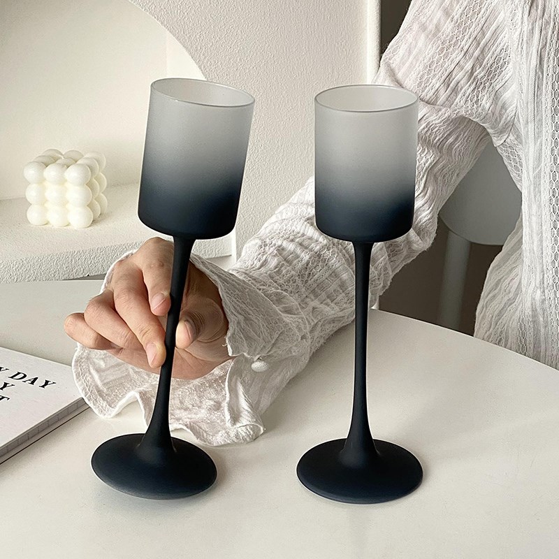 复古磨砂黑色高脚杯家用轻奢高级感玻璃红K酒葡萄酒杯喝香槟酒杯