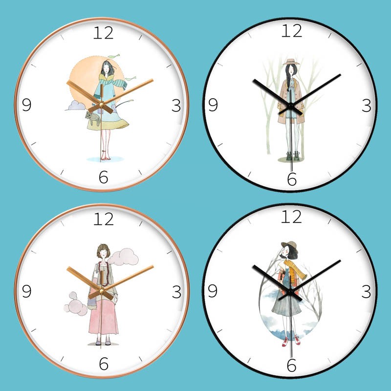 北望简约现代美少女客厅钟表挂钟家用石英钟创意静音圆形时钟挂表