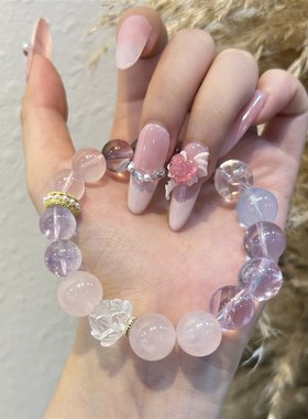 天然紫水晶粉水m晶白阿塞手链女生大颗粒个性小众水晶串珠