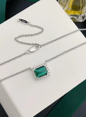 珠宝 2023新款S925银项链复F古坠子仿真祖母绿切割6*8夏日款