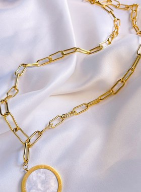 轻奢小众设计感设计项链欧美时尚钛钢长款罗马数字V圆牌女毛衣链