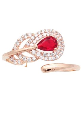 紫金微镶红色仿宝石羽毛戒指时尚大气F纯玫瑰金彩镀925银厂家直销