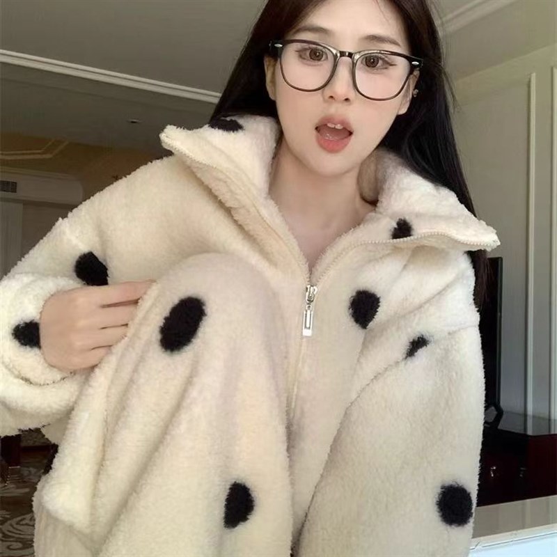 睡衣女秋冬新款法兰绒家居服x珊瑚绒加厚加绒波点拉链保暖衣套装