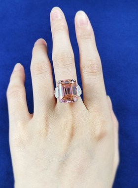 珠宝直播款长方15克拉女戒款戒圈落日橙粉M色阿斯切戒指s925银