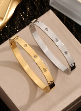 跨境热销钛钢卡扣手镯女不掉色气质百搭个性镶锆石六芒.星手环手