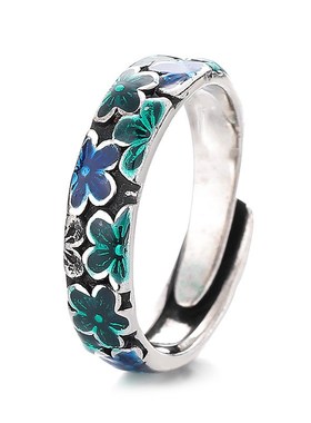 复古民族风d文艺范繁花梅花戒指女气质泰银做旧滴胶工艺创意手饰