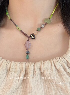 森系手工串珠树叶花朵项链女新中式小H众复古民族风气质锁骨链颈