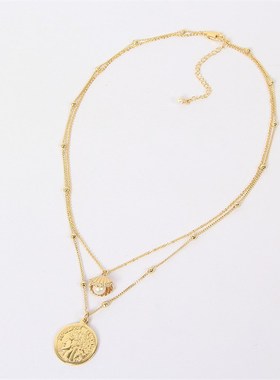 网红款短项链女淡水珍珠贝v壳圆形女王头像金币吊坠双层轻奢锁骨