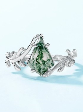 跨境新款橄榄枝天然绿苔藓石u戒指S925银镶水草玛瑙几何食指戒欧