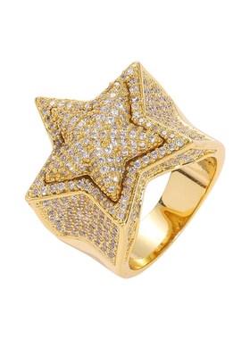 欧美嘻哈五d角星立体戒指微镶满锆石男士潮牌戒指嘻哈配饰厂家