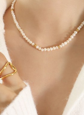 法式不规则淡水珍珠拼接钛钢配饰个性气质M项链精致优雅不掉色首