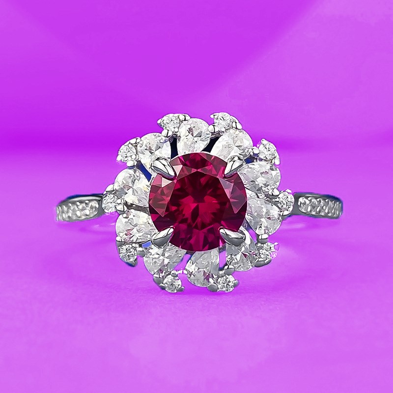 珠宝直播新品S925银镶嵌6.0mm鸽血O红满钻戒指环女时尚通勤