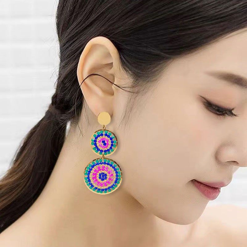 复古民族风c新款米珠耳环波西米亚古风耳饰手工编织耳钉亚马逊爆