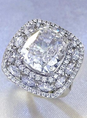 珠宝 2023新款S925银高端10E*12mm高碳钻5克拉冰花切G色戒指