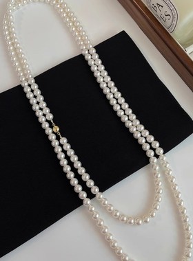 NK-173圆形磁铁扣珍珠项链玻璃珍珠可叠戴O长款女毛衣链秋冬