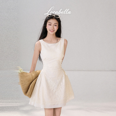 Lora bella/“春与茉莉雨”棉腰间绑带无袖A摆显瘦蕾丝连衣裙