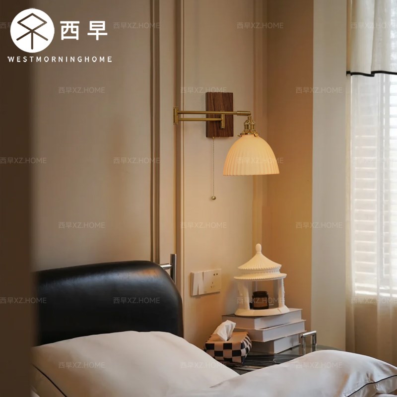 新款法式复古卧室床头灯中古北欧E黄铜带开关实木沙发旁阅读壁灯