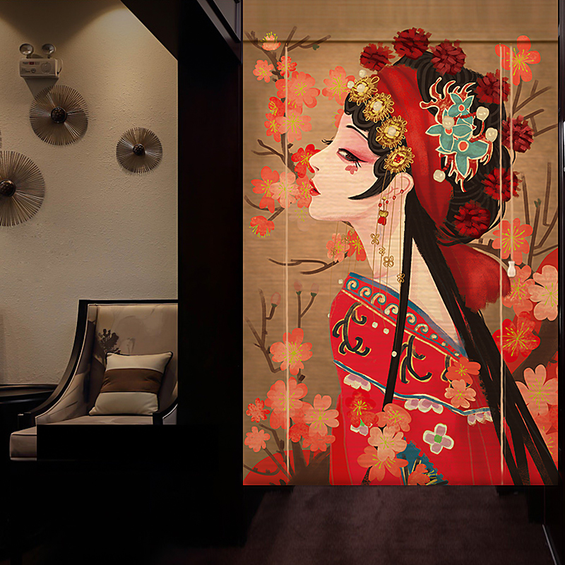 中式窗帘复古国潮戏m曲人物竹帘卷帘手拉式隔断门帘印花挂帘遮阳