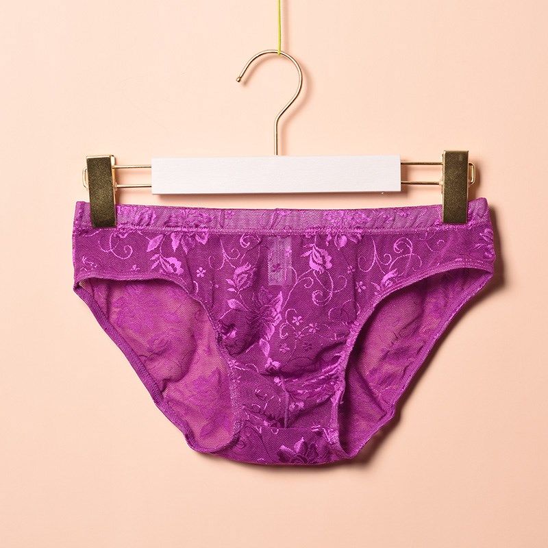 男士蕾丝网纱三角裤半透明网孔镂空单层透气刺绣低腰性感潮打底裤