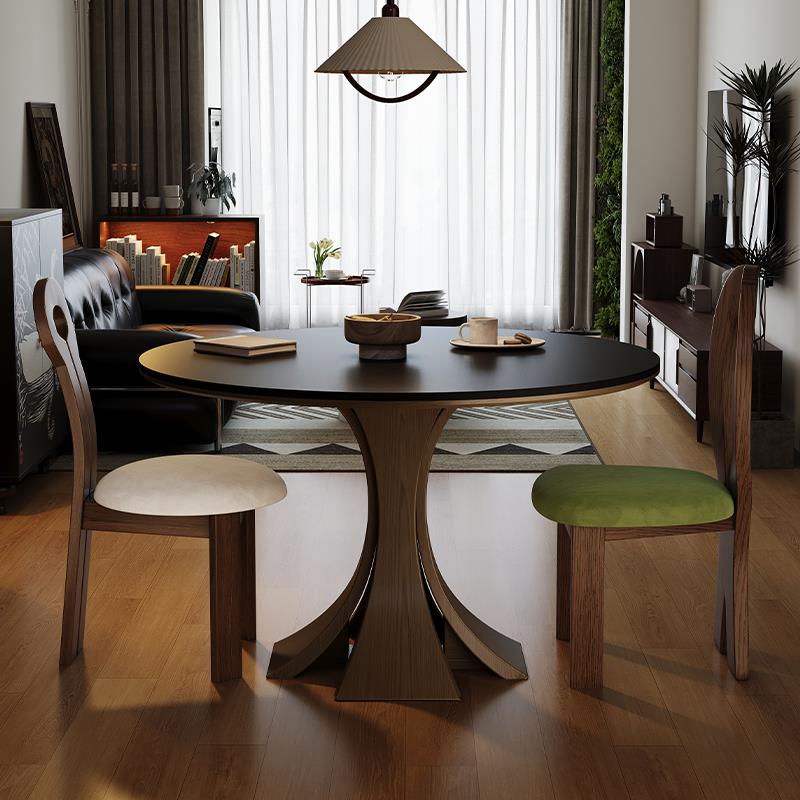 法式复古实木圆桌黑色岩板餐桌2025新款家用小户型胡桃木吃饭桌子