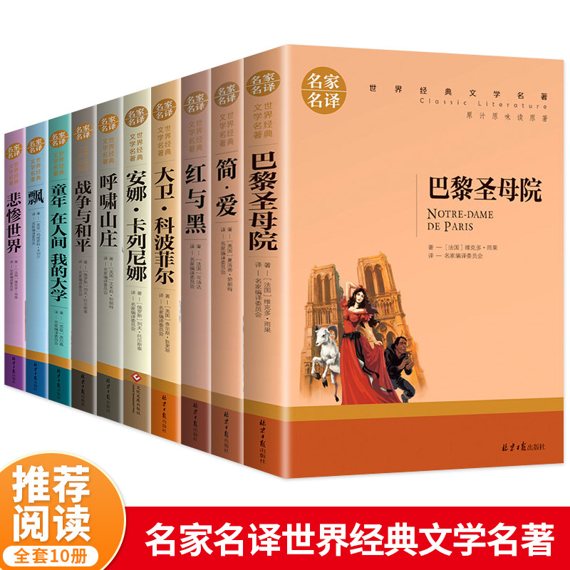 世界十大经典文学名著(套装10册)简爱+巴黎圣母院+战争与和平+悲惨世界+飘+红与黑+呼啸山庄+安娜·卡列尼娜+大卫 科波菲尔+童K