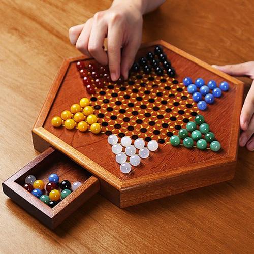 跳棋玻璃球儿童益智木质二合一棋盘大号大人版亲子弹子玛瑙珠跳棋