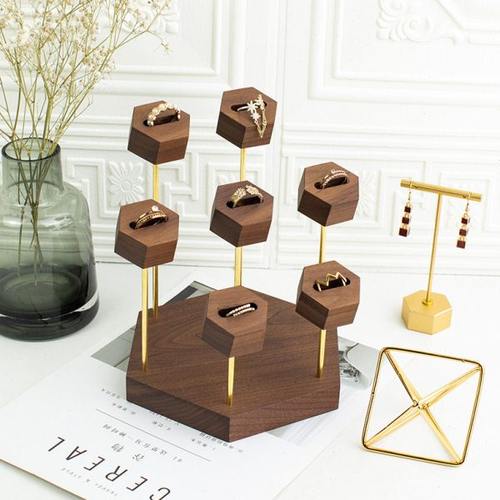 锦瑟陈列  六边胡桃木戒指架首饰收纳摆件拍摄道具店铺创意展台