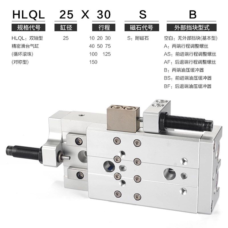 亚德客滑台气缸HLQ/HLQL系列6/8/12/16/20/25X10----100SA/SAS/SB