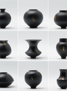 新中式创意黑色小陶瓷家居客厅插花D花瓶玄关电视柜酒柜摆设装饰