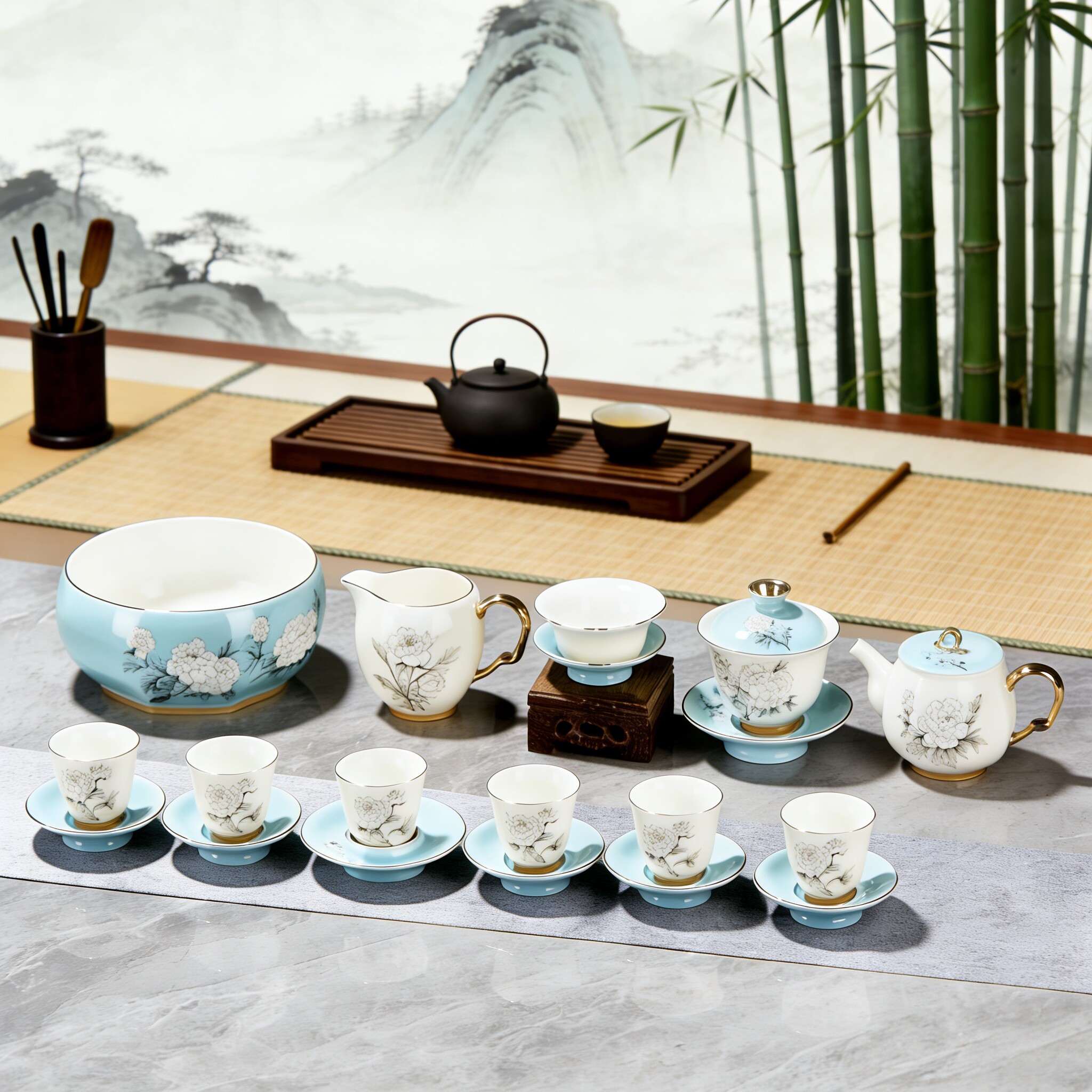 景德镇陶瓷功夫茶具套装花卉图案