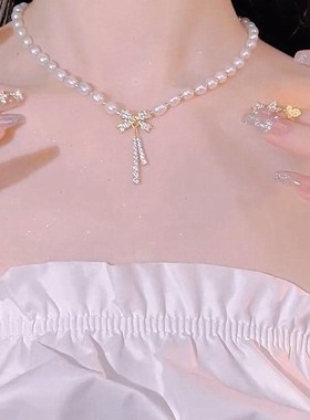 蝴蝶结珍珠项链女2022年新款潮轻奢设H计感高级网红气质锁骨链颈