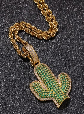 欧美嘻哈实心仙人掌密镶锆石吊坠y街头潮牌Hiphop男士项链一件代