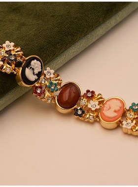 中古Vintage复古卡梅A奥雕天然石浮雕珐琅女士手链