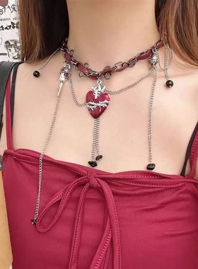 亚文化禁锢荆棘红色爱心流苏皮革项链D暗黑系气质甜酷choker颈链