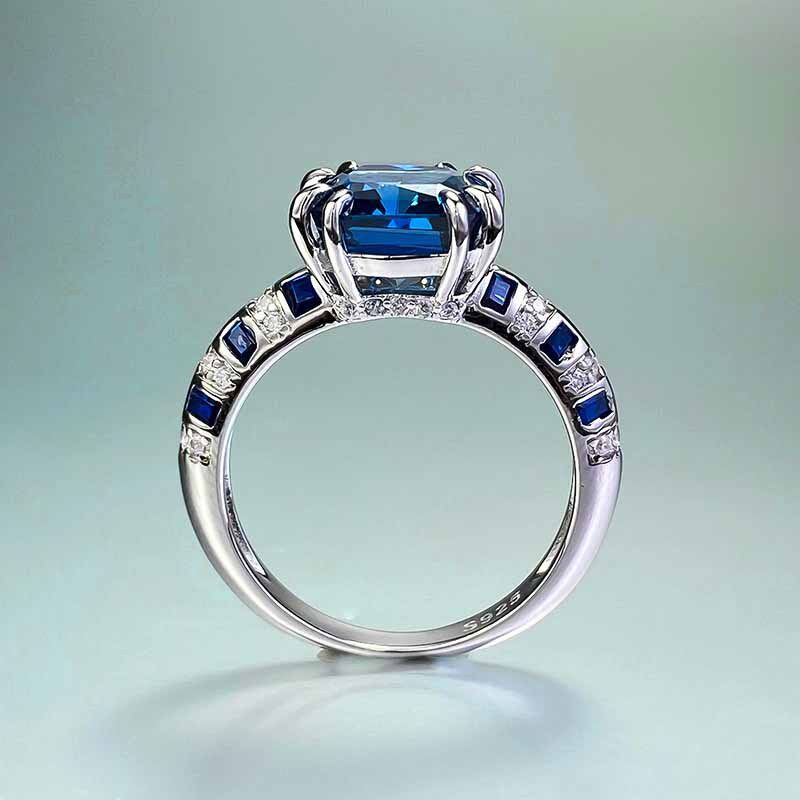 珠宝S925银8p*8m皇家蓝方形高碳钻戒指仿真钻石戒指女欧美款