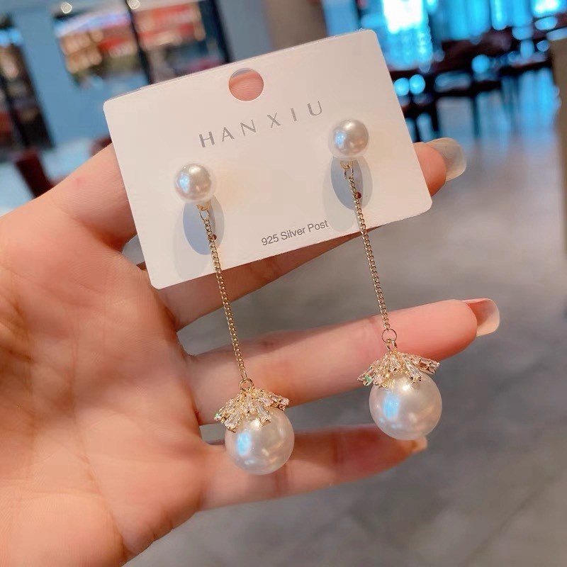 925银针韩版粉咖色珍珠耳环雪花耳线锆J石长款气质高级感轻奢耳坠