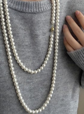 NK-1b73圆形磁铁扣珍珠项链玻璃珍珠可叠戴长款女毛衣链秋冬