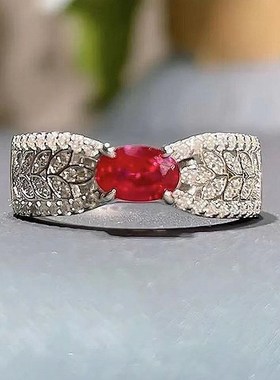 珠宝 2023新款925银时尚百搭欧美风仿真红宝V石麦穗镂空戒指