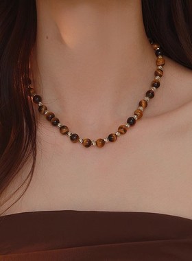 美拉德复古天然虎眼石隔珠项z链女小众气质网红秋冬轻奢颈链