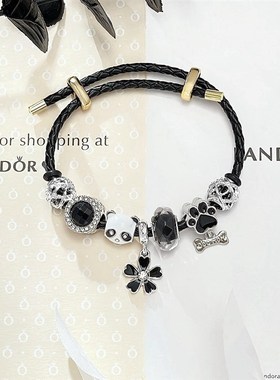 潘多熊猫拉手链可拆卸DIY手链皮绳手串可爱卡通手饰Y四叶草首饰女