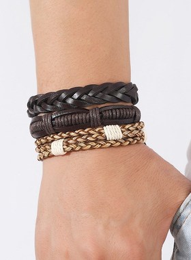 跨境电商货源复古编织牛皮套装手链欧美饰品LDIY真皮手链一件代发