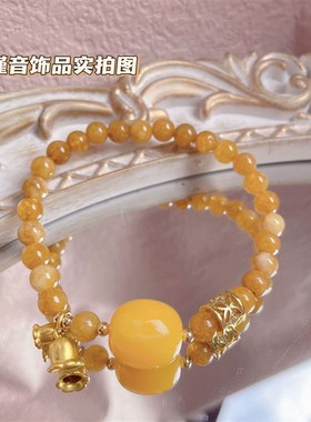 抖音爆款c焦糖色蜜蜡天然龙鳞石乐牌吊坠手链乐牌吊坠手链弹力手